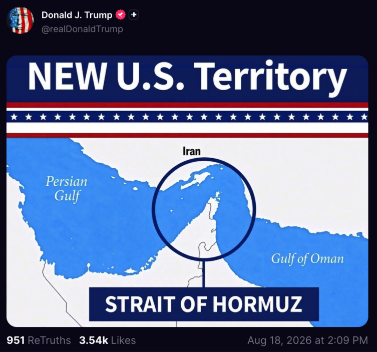 Trump, Hürmüz Boğazı'nı "ABD toprağı" olarak gösteren bir görsel paylaştı